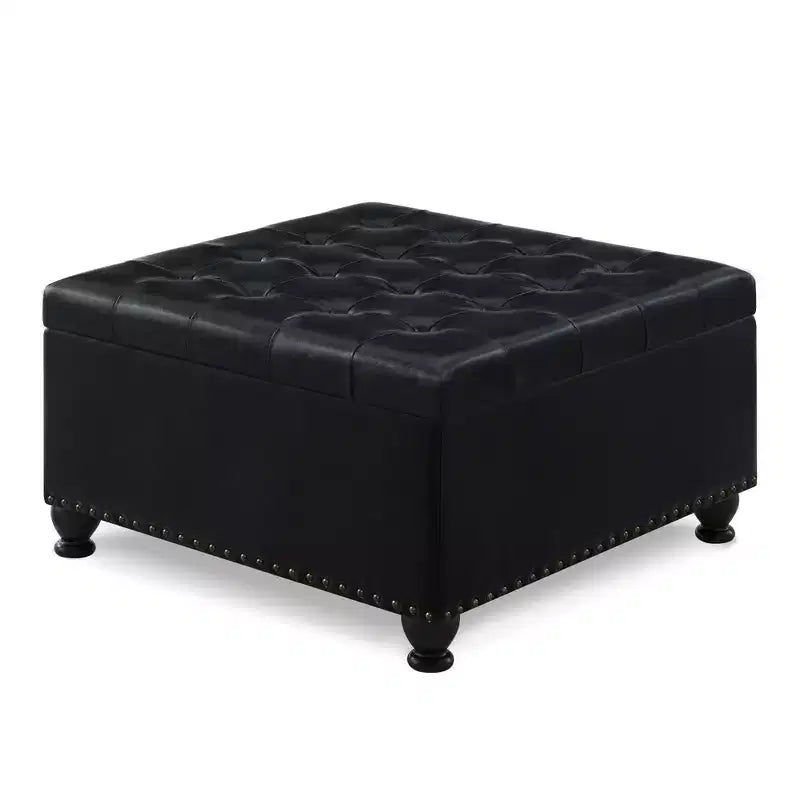 TUYOHW 30 Square Storage Ottoman with Button Tufted & Nail Trims Upholstered Foot Stool with Wooden Legs for Living Room, Bedroom, Entryway