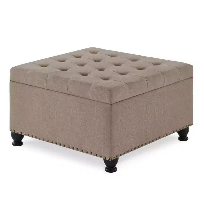 TUYOHW 30 Square Storage Ottoman with Button Tufted & Nail Trims Upholstered Foot Stool with Wooden Legs for Living Room, Bedroom, Entryway