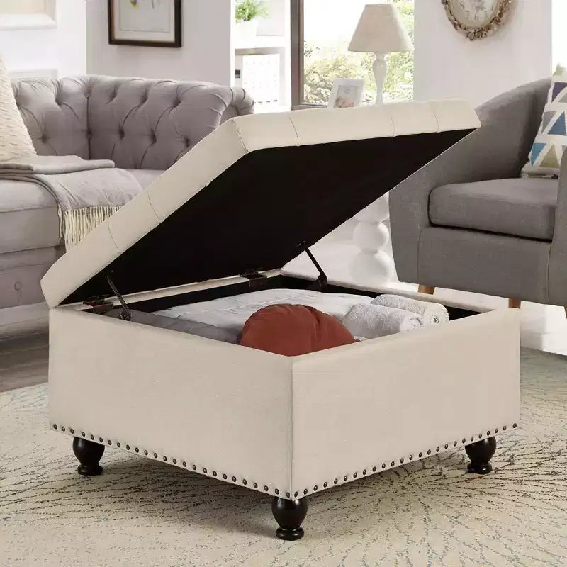 TUYOHW 30 Square Storage Ottoman with Button Tufted & Nail Trims Upholstered Foot Stool with Wooden Legs for Living Room, Bedroom, Entryway