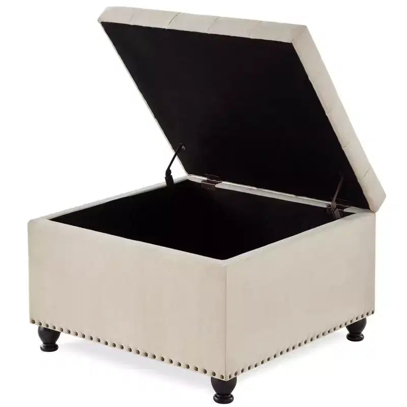TUYOHW 30 Square Storage Ottoman with Button Tufted & Nail Trims Upholstered Foot Stool with Wooden Legs for Living Room, Bedroom, Entryway