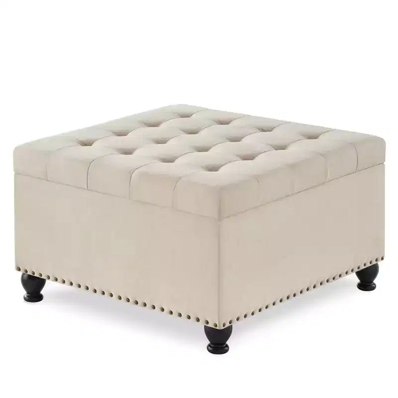 TUYOHW 30 Square Storage Ottoman with Button Tufted & Nail Trims Upholstered Foot Stool with Wooden Legs for Living Room, Bedroom, Entryway