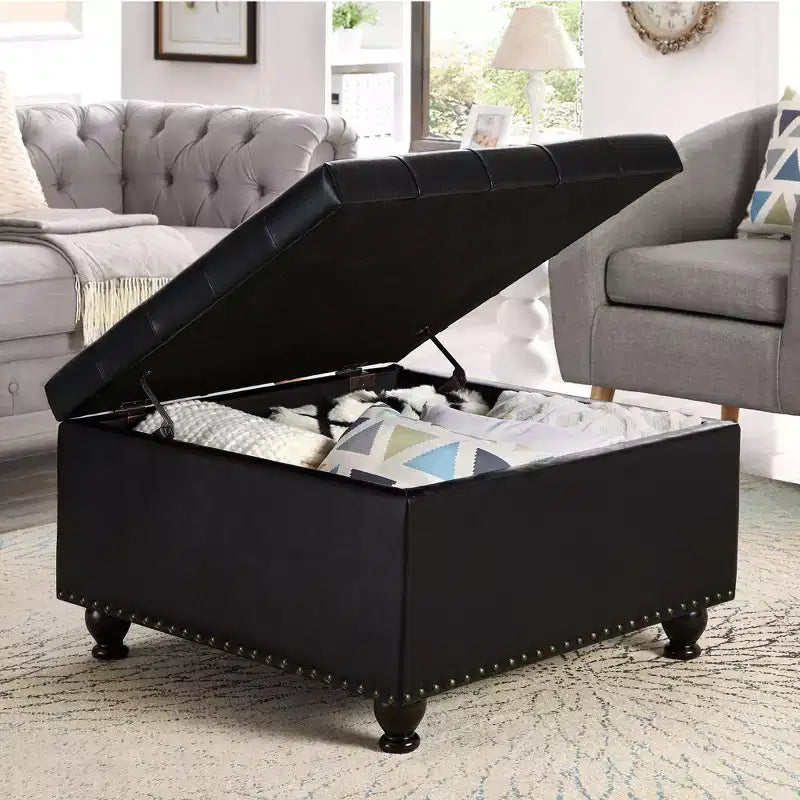 TUYOHW 30 Square Storage Ottoman with Button Tufted & Nail Trims Upholstered Foot Stool with Wooden Legs for Living Room, Bedroom, Entryway