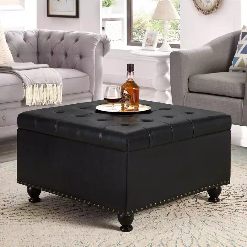TUYOHW Pouf de rangement carré de 76,2 cm avec capitonnage à boutons et clous décoratifs, repose-pieds rembourré avec pieds en bois pour salon, chambre, entrée