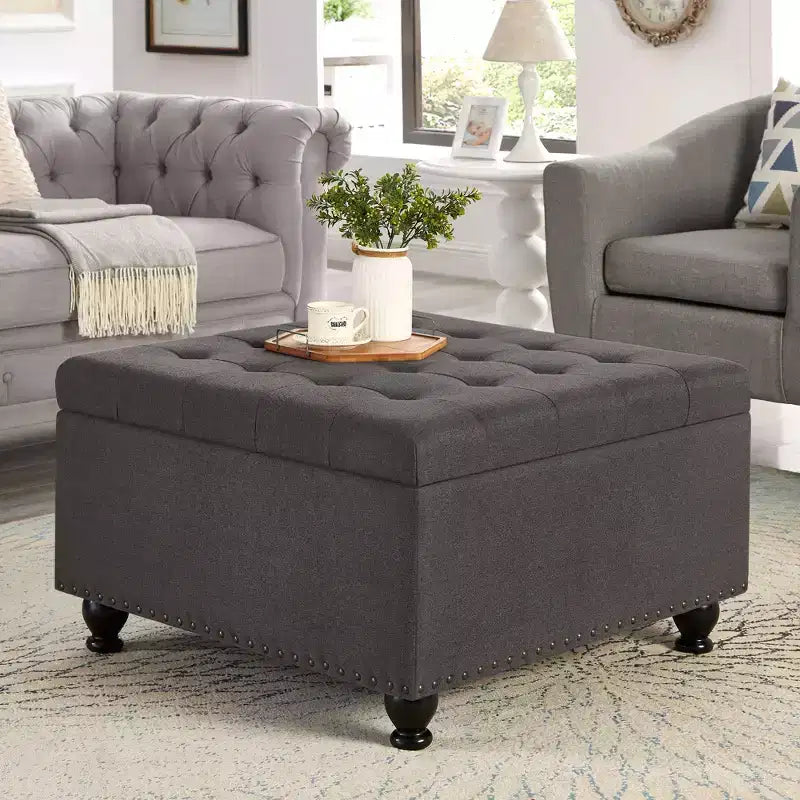 TUYOHW Pouf de rangement carré de 76,2 cm avec capitonnage à boutons et clous décoratifs, repose-pieds rembourré avec pieds en bois pour salon, chambre, entrée