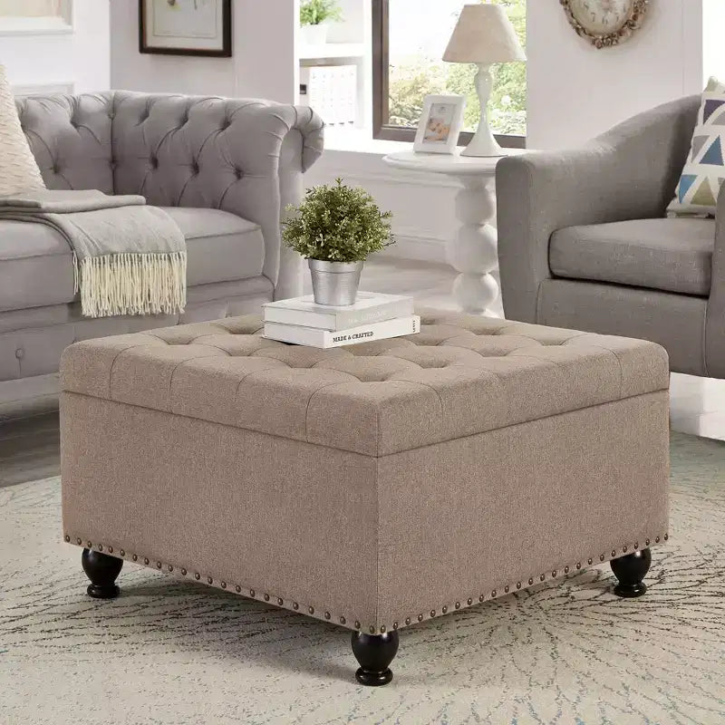 TUYOHW Pouf de rangement carré de 76,2 cm avec capitonnage à boutons et clous décoratifs, repose-pieds rembourré avec pieds en bois pour salon, chambre, entrée