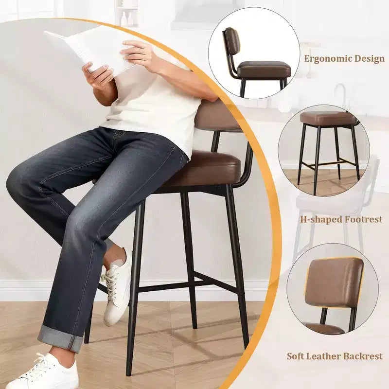 Bar Stools Set of 2, 26 Counter Height Bar Stools with Backs, Modern Faux Leather Upholstered Bar Stools with Metal Legs for Kitchen Island, Home Bar