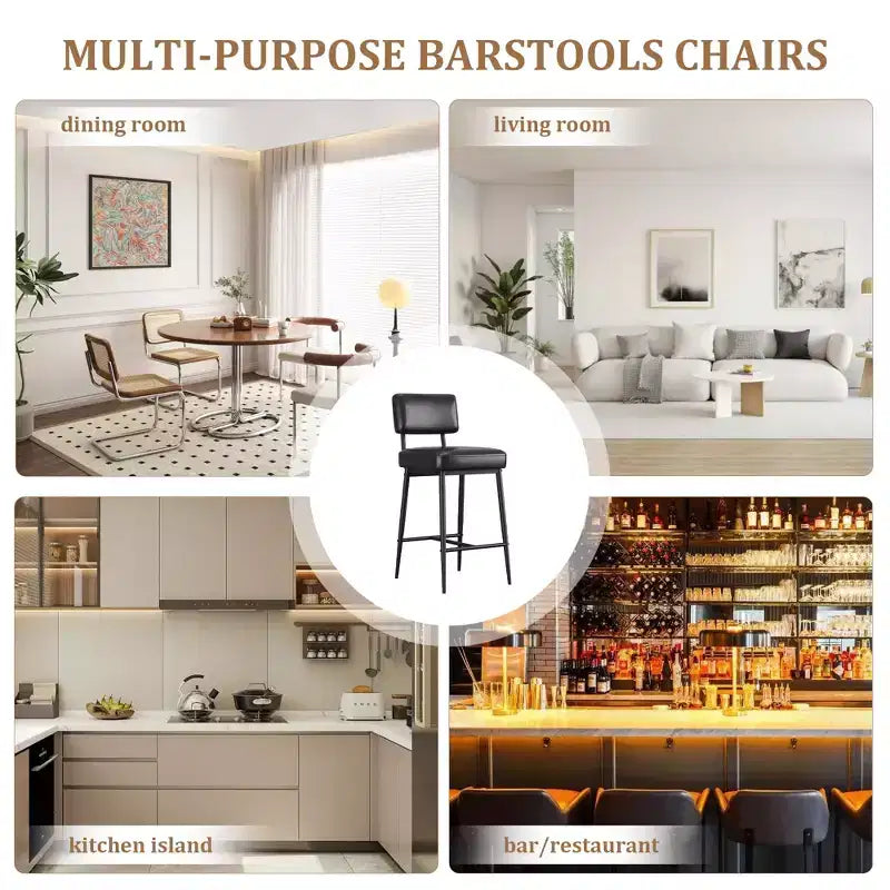Bar Stools Set of 2, 26 Counter Height Bar Stools with Backs, Modern Faux Leather Upholstered Bar Stools with Metal Legs for Kitchen Island, Home Bar