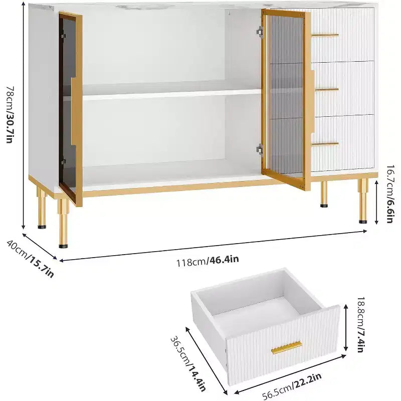 Modern Buffet Cabinet with Storage, Fluted Sideboard Cabinet with Drawers & Glass Doors for Entryway, Living Room, Kitchen