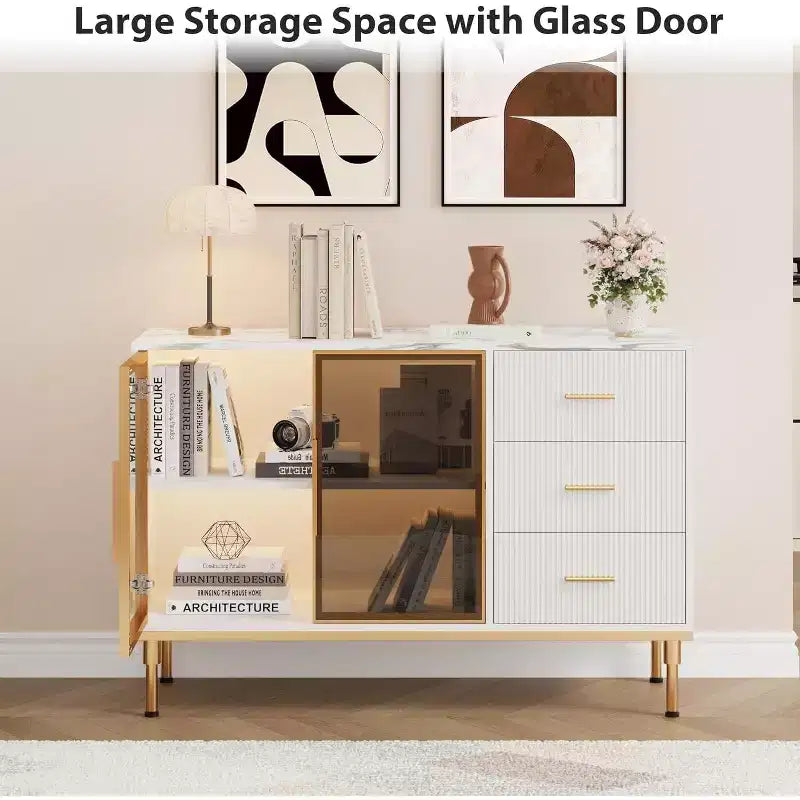 Modern Buffet Cabinet with Storage, Fluted Sideboard Cabinet with Drawers & Glass Doors for Entryway, Living Room, Kitchen