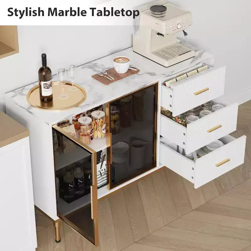 Modern Buffet Cabinet with Storage, Fluted Sideboard Cabinet with Drawers & Glass Doors for Entryway, Living Room, Kitchen