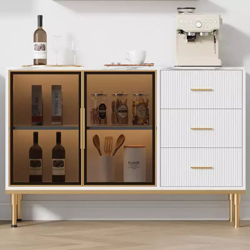 Modern Buffet Cabinet with Storage, Fluted Sideboard Cabinet with Drawers & Glass Doors for Entryway, Living Room, Kitchen