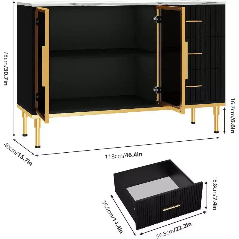 Modern Buffet Cabinet with Storage, Fluted Sideboard Cabinet with Drawers & Glass Doors for Entryway, Living Room, Kitchen