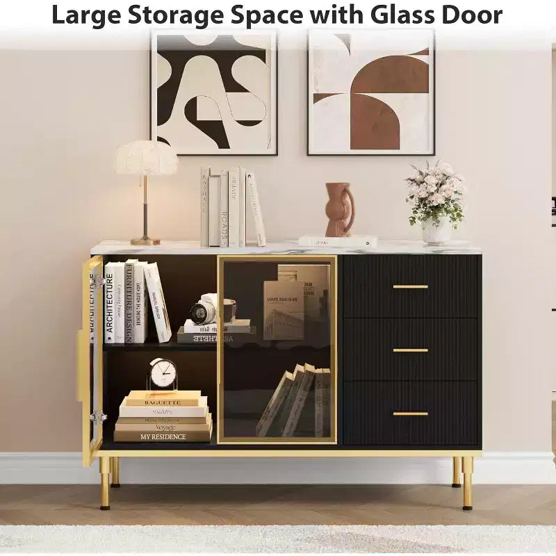 Modern Buffet Cabinet with Storage, Fluted Sideboard Cabinet with Drawers & Glass Doors for Entryway, Living Room, Kitchen