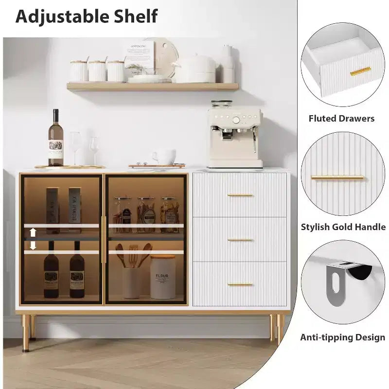 Modern Buffet Cabinet with Storage, Fluted Sideboard Cabinet with Drawers & Glass Doors for Entryway, Living Room, Kitchen