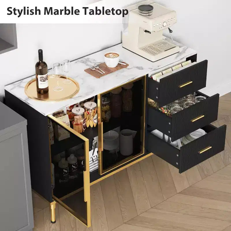 Modern Buffet Cabinet with Storage, Fluted Sideboard Cabinet with Drawers & Glass Doors for Entryway, Living Room, Kitchen