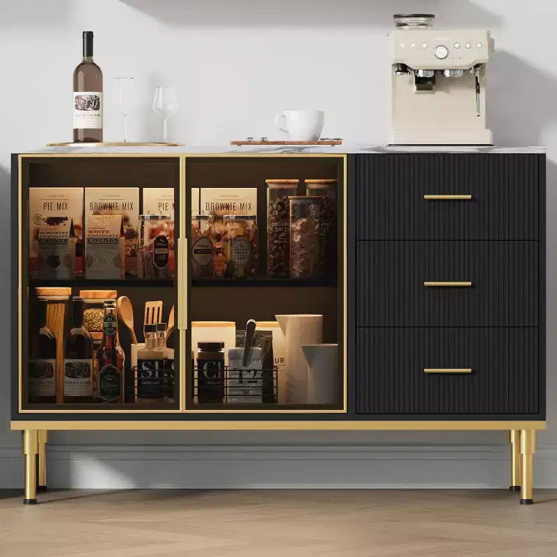 Modern Buffet Cabinet with Storage, Fluted Sideboard Cabinet with Drawers & Glass Doors for Entryway, Living Room, Kitchen