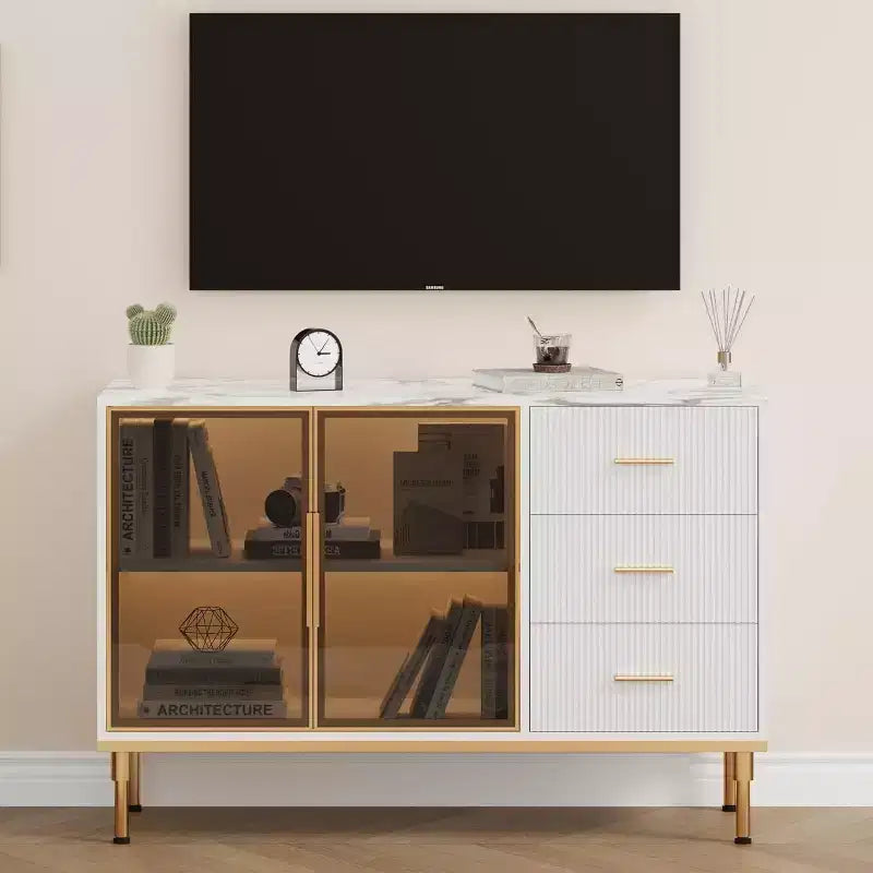 Modern Buffet Cabinet with Storage, Fluted Sideboard Cabinet with Drawers & Glass Doors for Entryway, Living Room, Kitchen