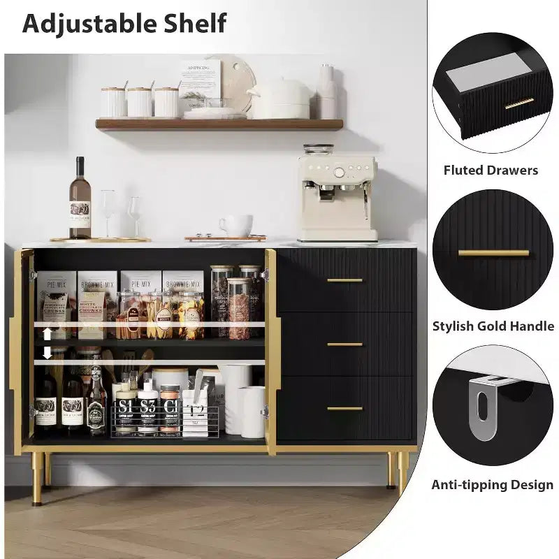 Modern Buffet Cabinet with Storage, Fluted Sideboard Cabinet with Drawers & Glass Doors for Entryway, Living Room, Kitchen