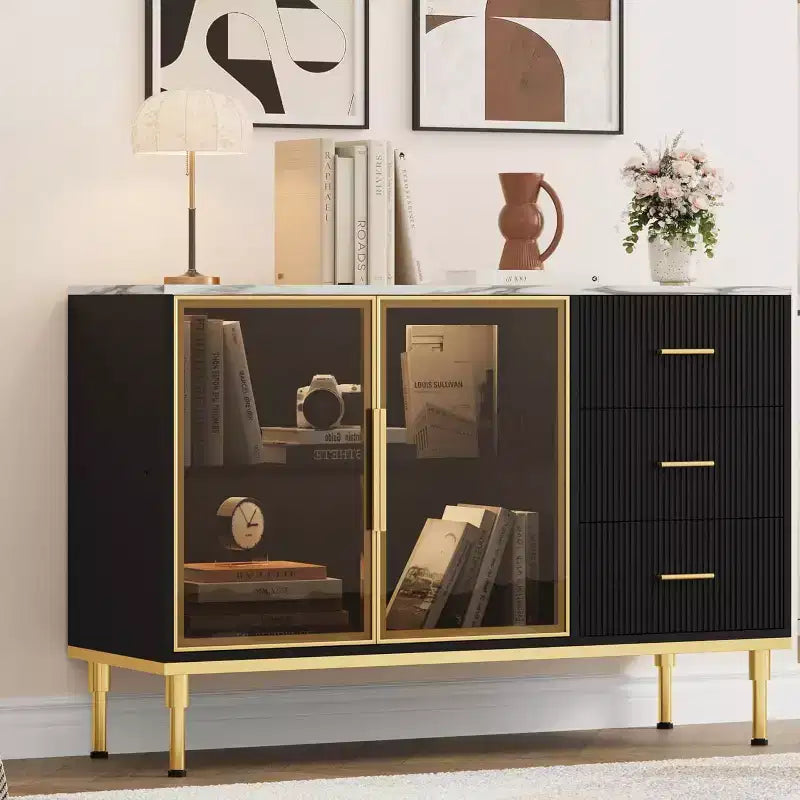 Modern Buffet Cabinet with Storage, Fluted Sideboard Cabinet with Drawers & Glass Doors for Entryway, Living Room, Kitchen