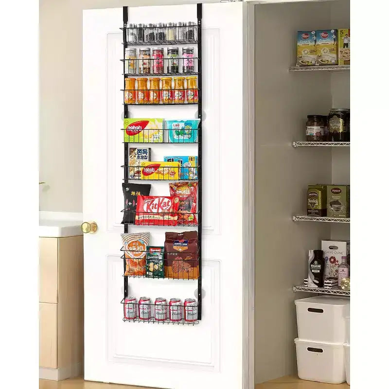 8-Tier Over the Door Pantry Organizer, Adjustable Heavy-Duty Steel Hanging Spice Rack for Kitchen, Bathroom and Laundry Storage, Black