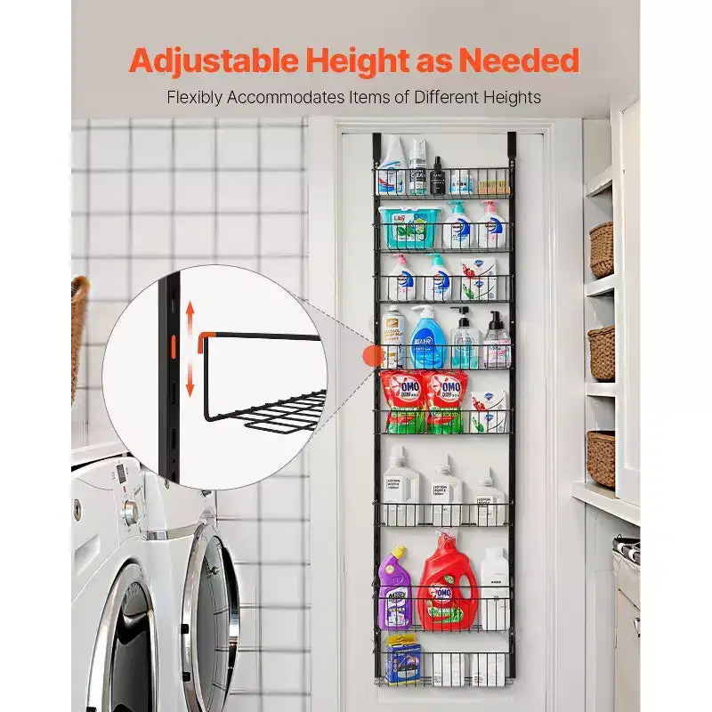 8-Tier Over the Door Pantry Organizer, Adjustable Heavy-Duty Steel Hanging Spice Rack for Kitchen, Bathroom and Laundry Storage, Black