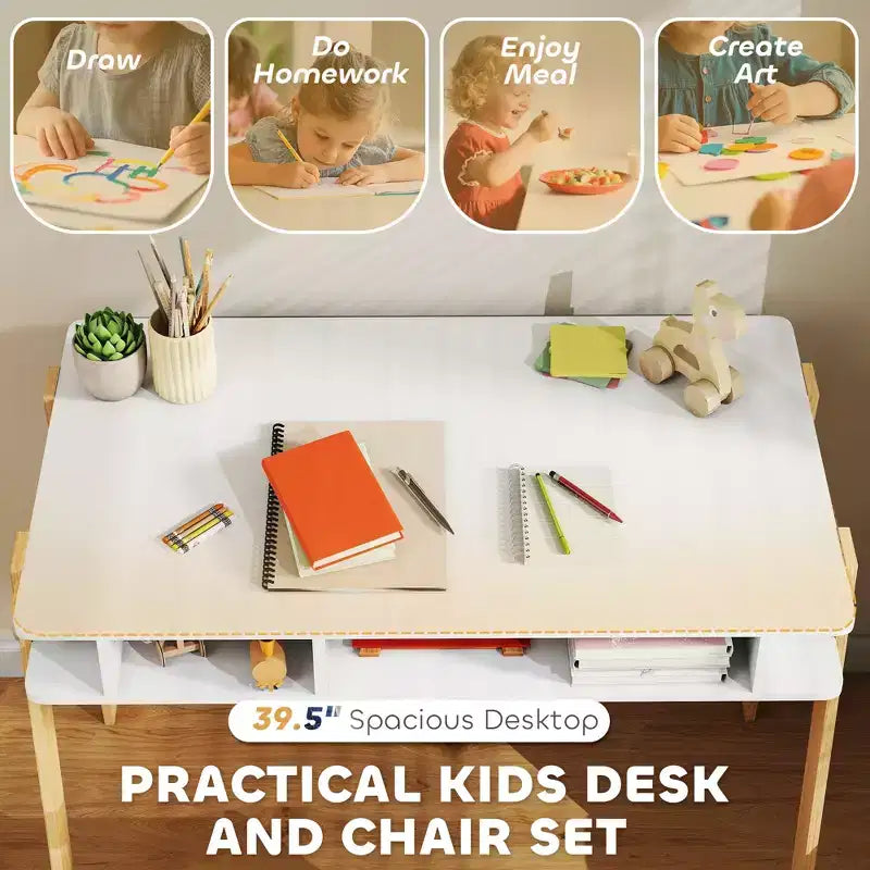 Kids Desk and Chair Set with Storage for Bedroom Study Ages 3-12 White