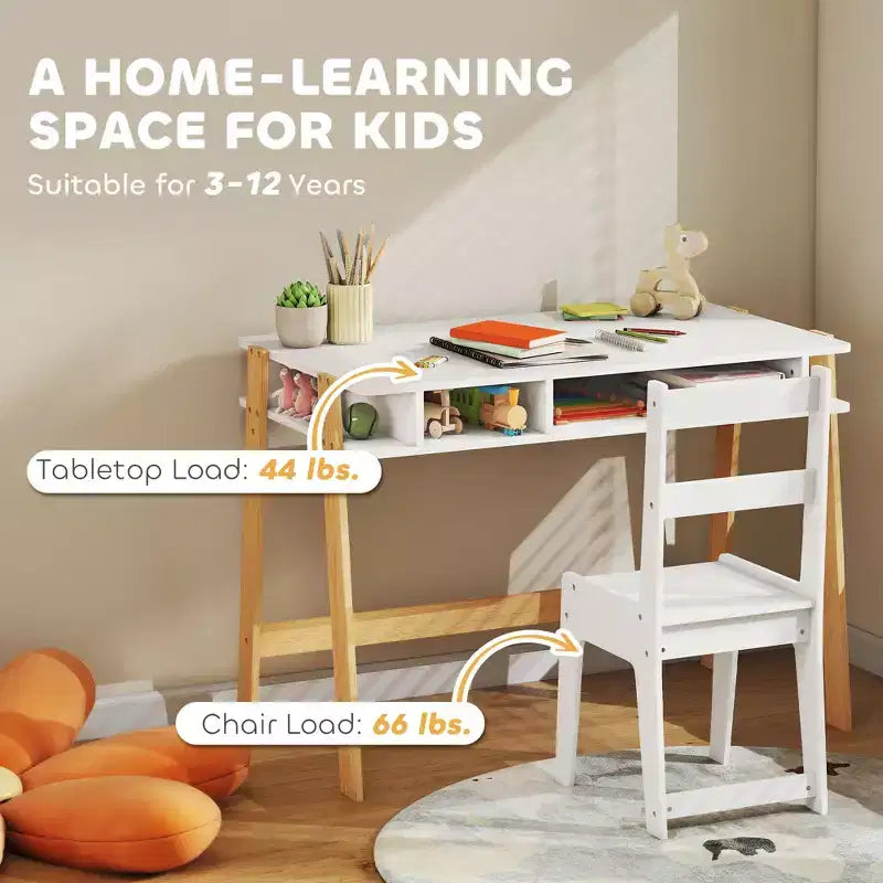 Kids Desk and Chair Set with Storage for Bedroom Study Ages 3-12 White