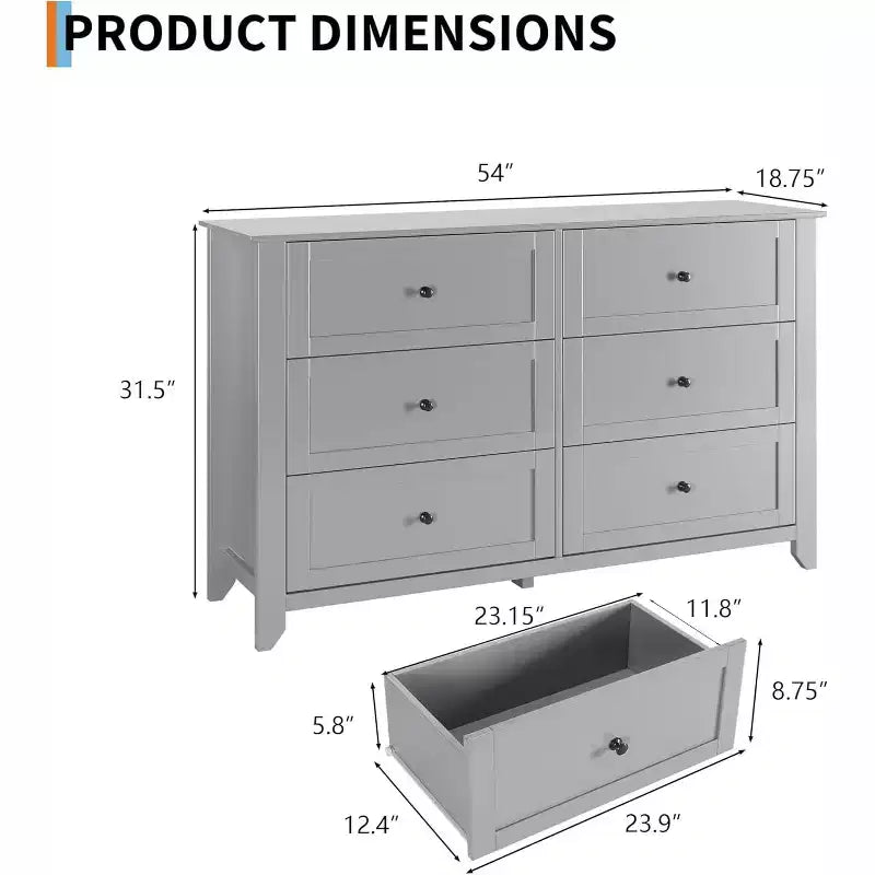 GustoWave 6 Drawer Dresser, 54 Wide Modern Storage Chest for Bedroom, Deep Drawers Organizer for Clothes, Living Room, Hallway