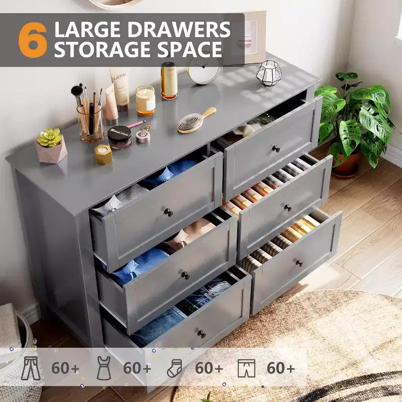 GustoWave 6 Drawer Dresser, 54 Wide Modern Storage Chest for Bedroom, Deep Drawers Organizer for Clothes, Living Room, Hallway