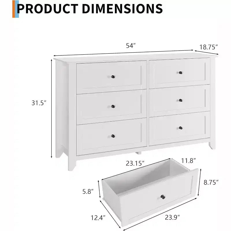 GustoWave 6 Drawer Dresser, 54 Wide Modern Storage Chest for Bedroom, Deep Drawers Organizer for Clothes, Living Room, Hallway