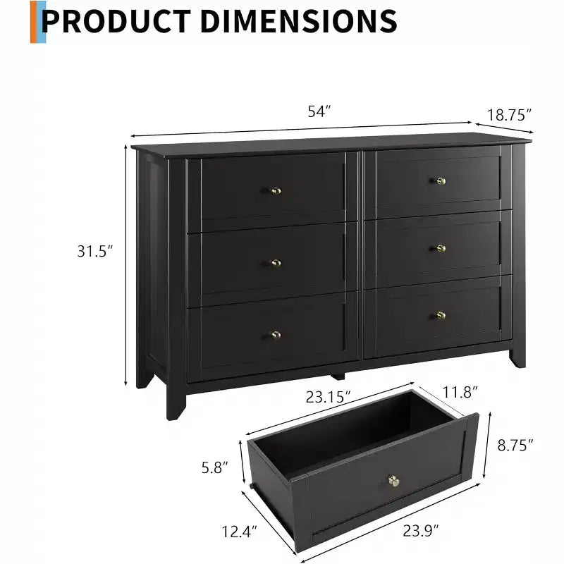 GustoWave 6 Drawer Dresser, 54 Wide Modern Storage Chest for Bedroom, Deep Drawers Organizer for Clothes, Living Room, Hallway