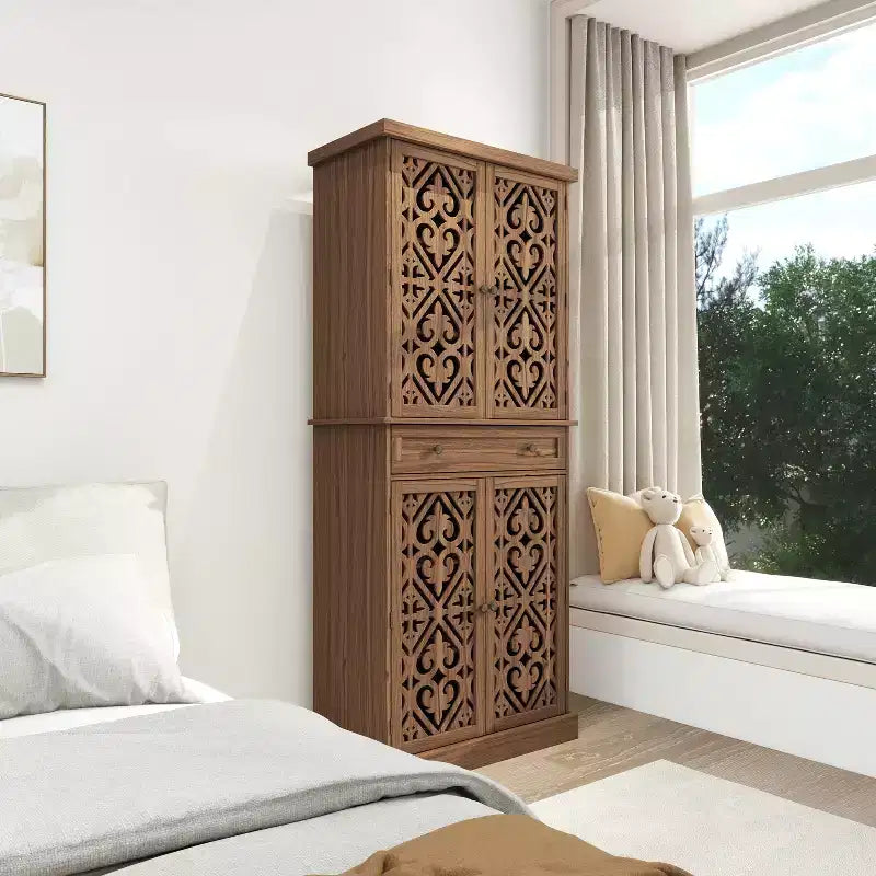 GDFStudio Hannah Rustic 72.05'' Tall Carved Cabinet with 1 Drawer, 4 Doors and 4 Adjustable Shelves