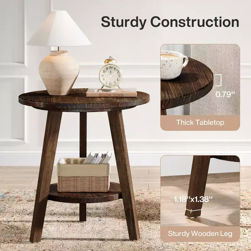 Table d'appoint ronde en bois massif Lantine avec étagère de rangement, table d'appoint de style rustique et table de chevet pour salon et chambre à coucher, marron foncé, assemblage facile