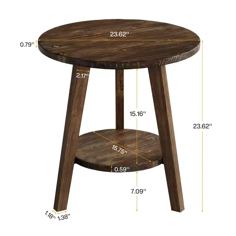 Table d'appoint ronde en bois massif Lantine avec étagère de rangement, table d'appoint de style rustique et table de chevet pour salon et chambre à coucher, marron foncé, assemblage facile