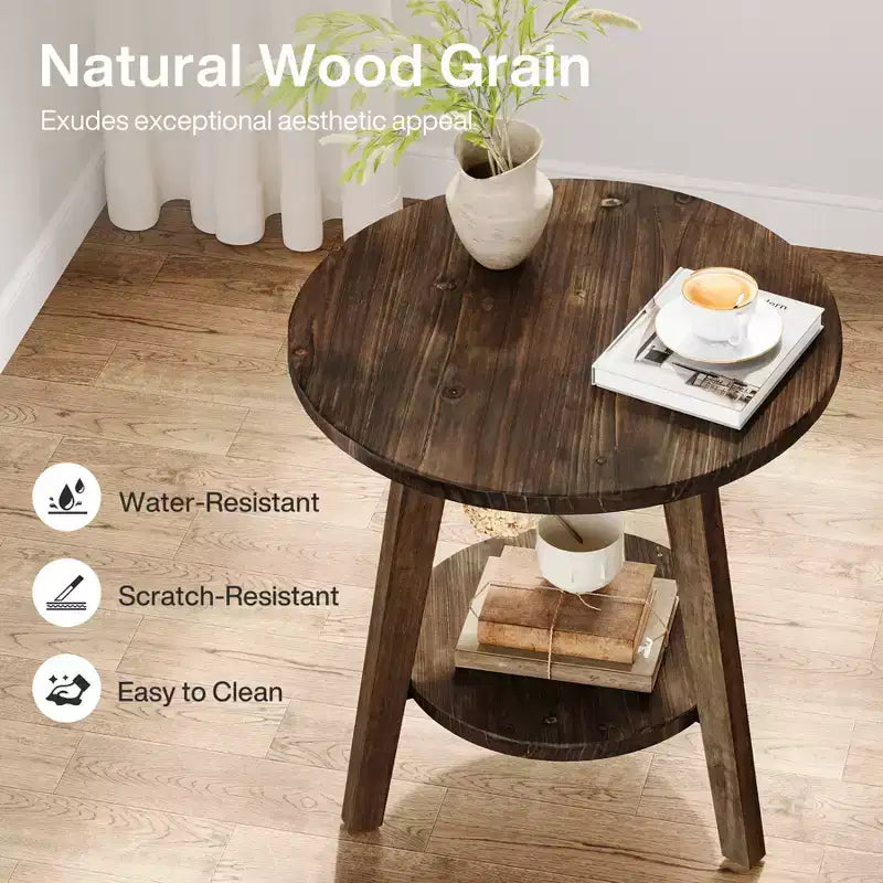 Table d'appoint ronde en bois massif Lantine avec étagère de rangement, table d'appoint de style rustique et table de chevet pour salon et chambre à coucher, marron foncé, assemblage facile