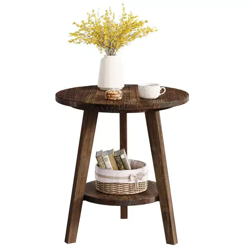 Table d'appoint ronde en bois massif Lantine avec étagère de rangement, table d'appoint de style rustique et table de chevet pour salon et chambre à coucher, marron foncé, assemblage facile