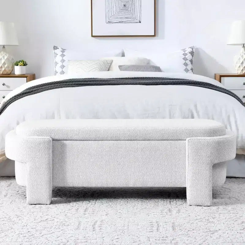 MAYEERTY Linen Fabric Upholstered Bench with Large Storage Space for Living Room Bedroom Entryway White