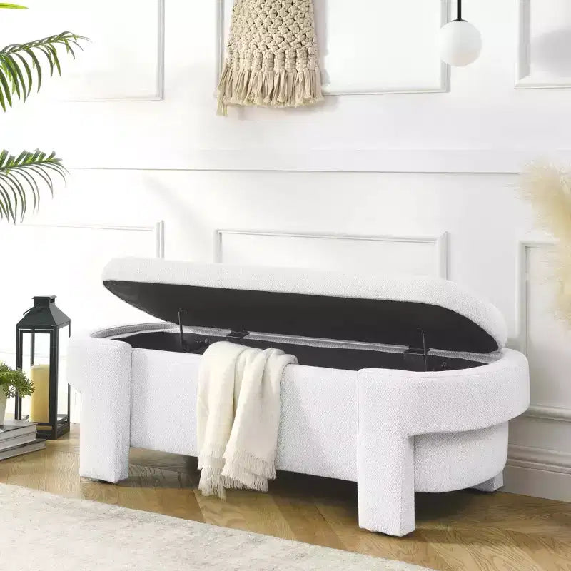 MAYEERTY Linen Fabric Upholstered Bench with Large Storage Space for Living Room Bedroom Entryway White