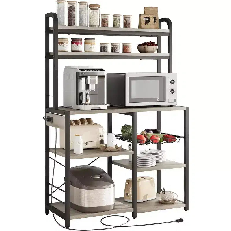 Multi-Tier Storage Organizer Rack 6-Tier Shelves with Power Outlets Microwave Stand Storage Cabinet Open Shelves for Kitchen Dining Living Room
