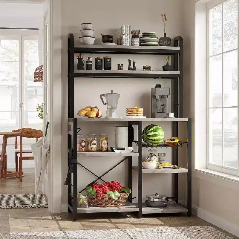 Multi-Tier Storage Organizer Rack 6-Tier Shelves with Power Outlets Microwave Stand Storage Cabinet Open Shelves for Kitchen Dining Living Room