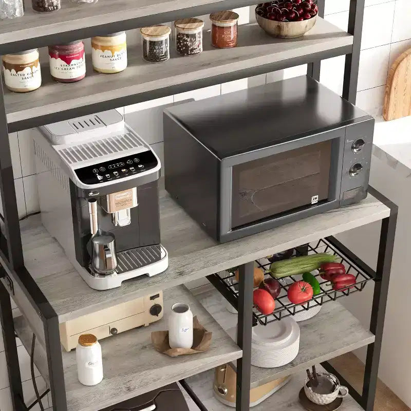 Multi-Tier Storage Organizer Rack 6-Tier Shelves with Power Outlets Microwave Stand Storage Cabinet Open Shelves for Kitchen Dining Living Room