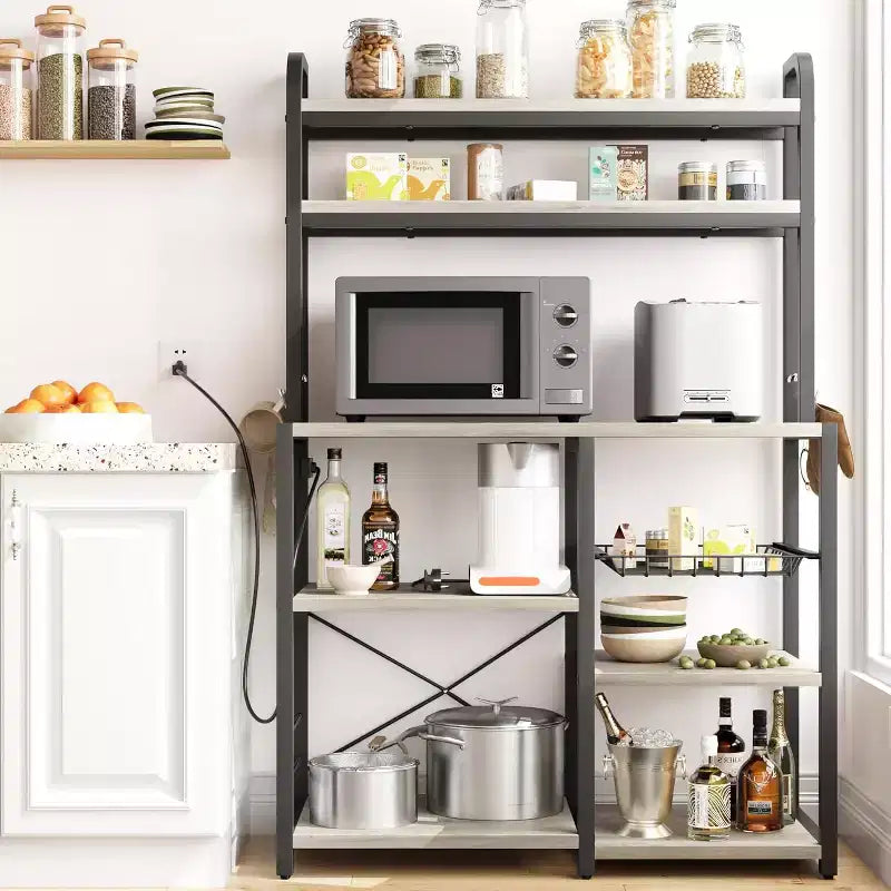 Multi-Tier Storage Organizer Rack 6-Tier Shelves with Power Outlets Microwave Stand Storage Cabinet Open Shelves for Kitchen Dining Living Room