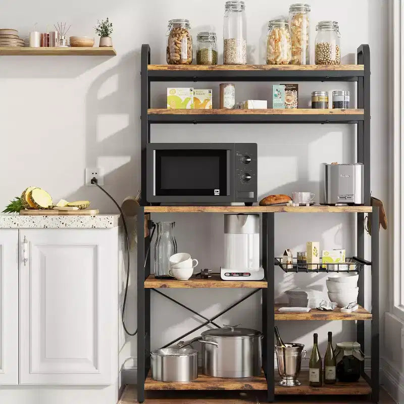Multi-Tier Storage Organizer Rack 6-Tier Shelves with Power Outlets Microwave Stand Storage Cabinet Open Shelves for Kitchen Dining Living Room