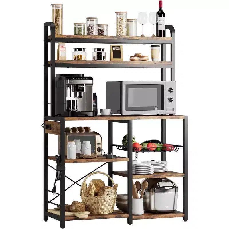 Multi-Tier Storage Organizer Rack 6-Tier Shelves with Power Outlets Microwave Stand Storage Cabinet Open Shelves for Kitchen Dining Living Room