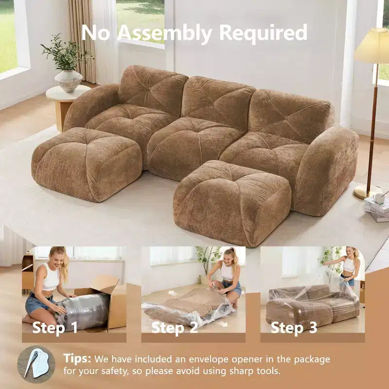 Clihome U-Shaped Boneless Sofa,Tufted Design,32D High Density Sponge,Bottom Anti-Slip Design,Free Combination,Movable Ottoman For Study & Home Theater