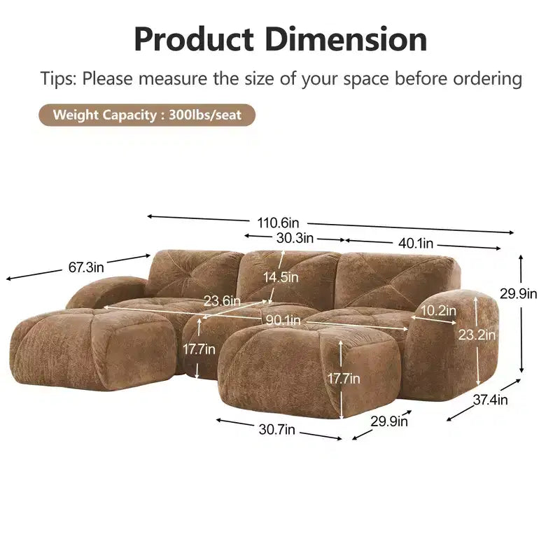 Clihome U-Shaped Boneless Sofa,Tufted Design,32D High Density Sponge,Bottom Anti-Slip Design,Free Combination,Movable Ottoman For Study & Home Theater