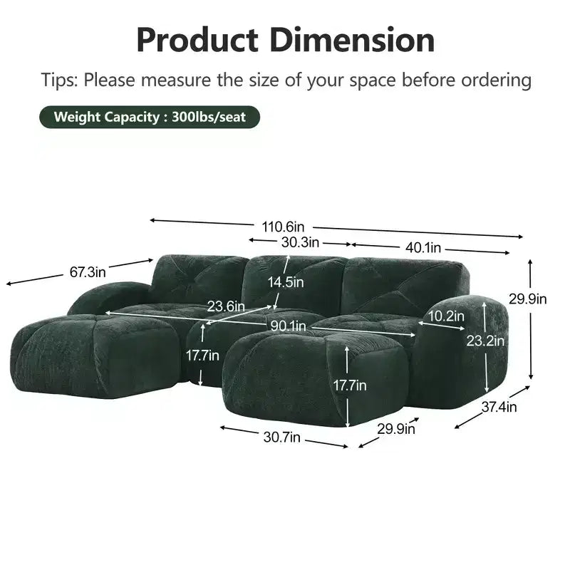 Clihome U-Shaped Boneless Sofa,Tufted Design,32D High Density Sponge,Bottom Anti-Slip Design,Free Combination,Movable Ottoman For Study & Home Theater