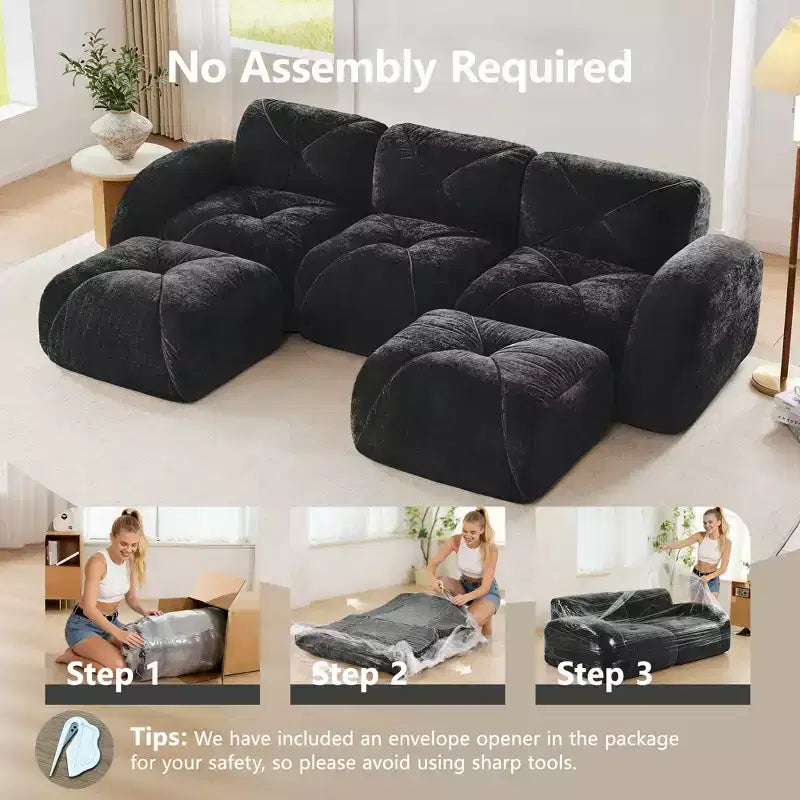 Clihome U-Shaped Boneless Sofa,Tufted Design,32D High Density Sponge,Bottom Anti-Slip Design,Free Combination,Movable Ottoman For Study & Home Theater