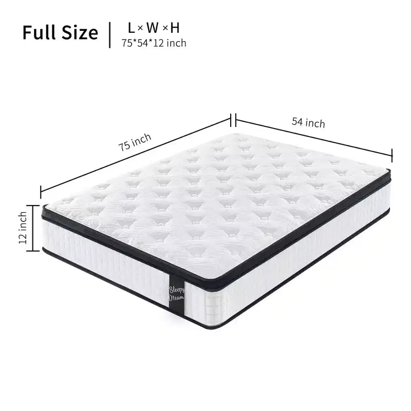 Full Size 12 Inch Hybrid Mattress, Individual Pocket Springs, 7-Zone Memory Foam, Knitted Cover, CertiPUR-US Certified, White