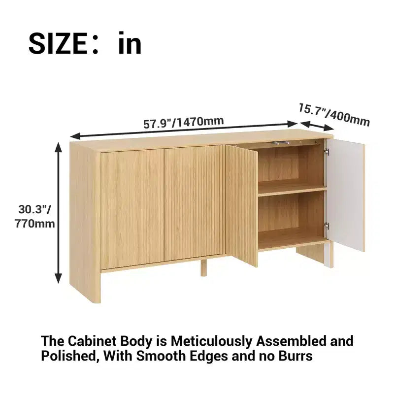 COZONY 58in Sideboard Buffet Cabinet, Modern Fluted Storage Cabinet with 4 Doors & Adjustable Shelves, Wood Credenza Console